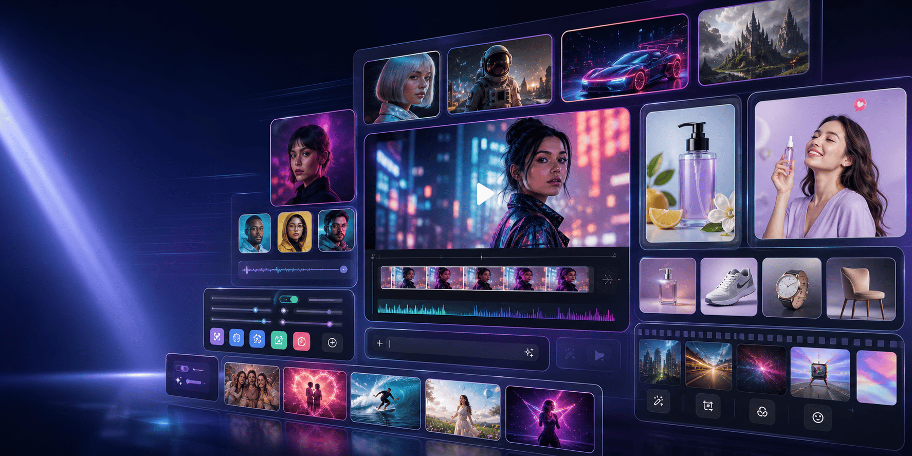 AI creative workspace with video, image, voice, and design panels
